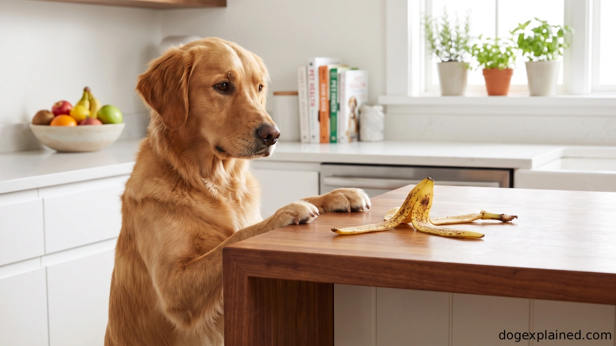 Dog looking at a banana peel on a kitchen counter