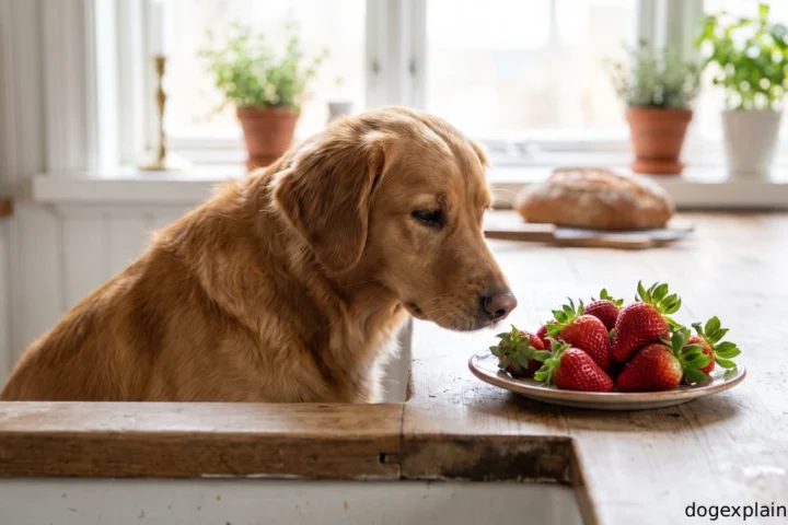 Dog looking at strawberries with green tops
