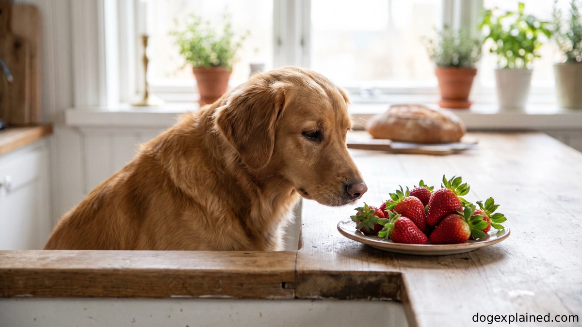 Dog looking at strawberries with green tops