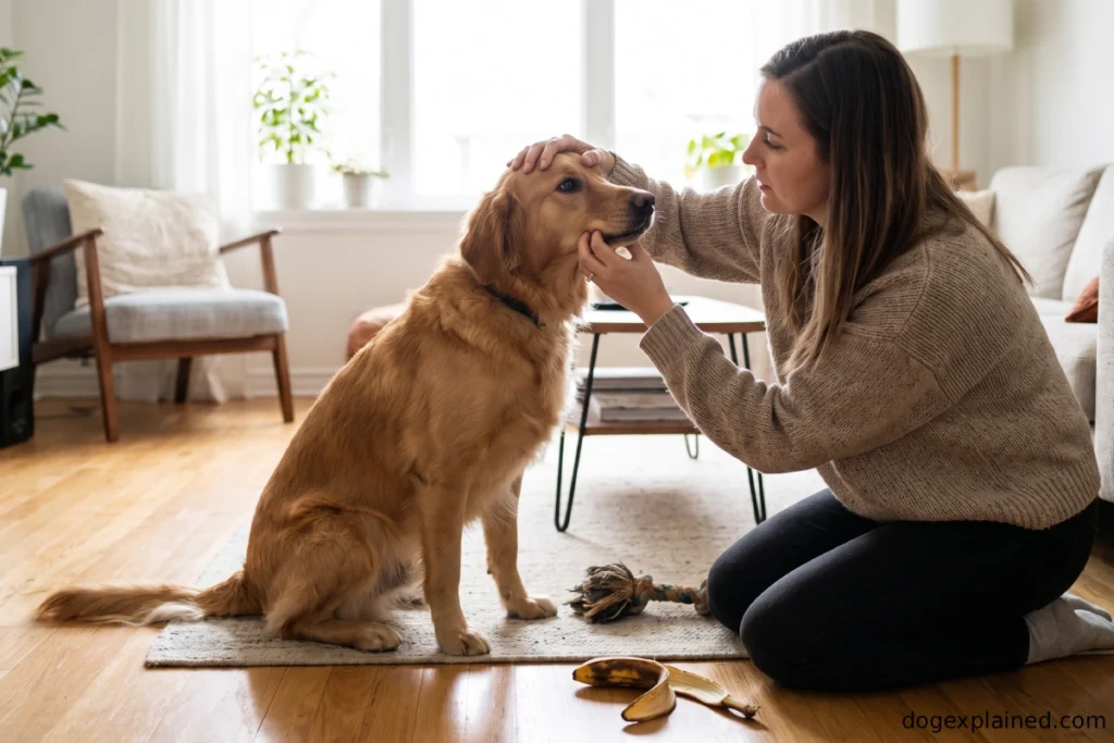Dog owner checking on a dog after it ate banana peel