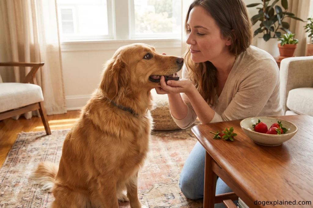 Dog owner checking on a dog after it ate a strawberry top