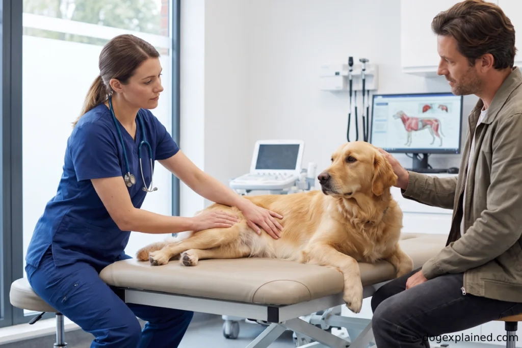 Veterinarian examining a dog after possible foreign-body ingestion