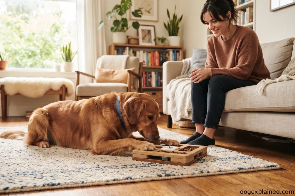 Dog using a food puzzle for mental enrichment at home