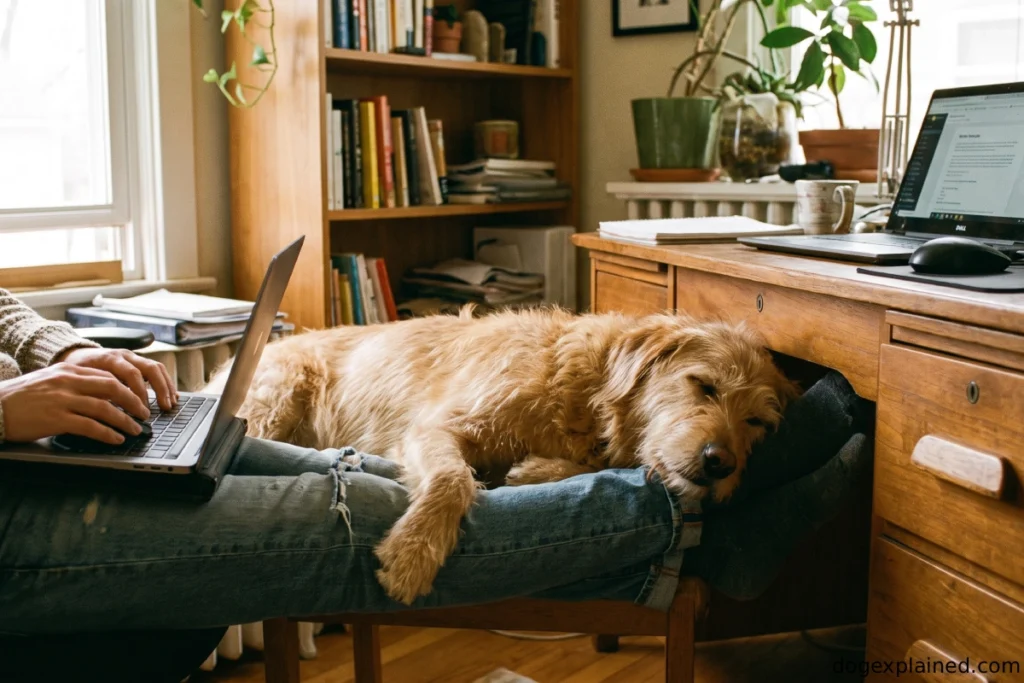 Dog lying across its owner's feet under a home office desk
