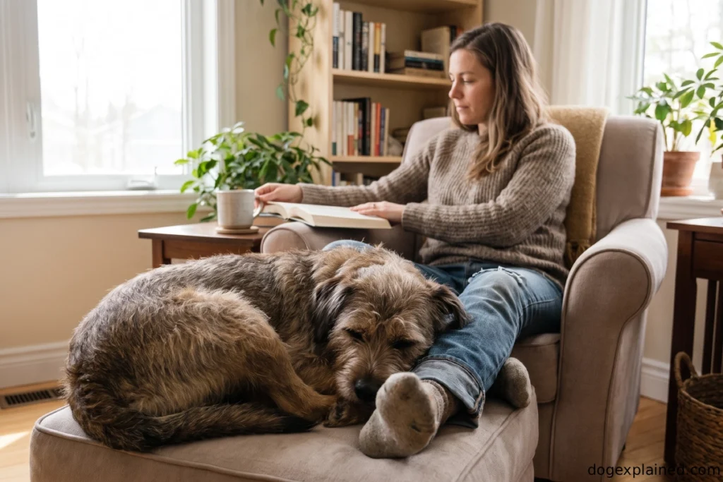 Dog resting directly on its owner's feet for close contact