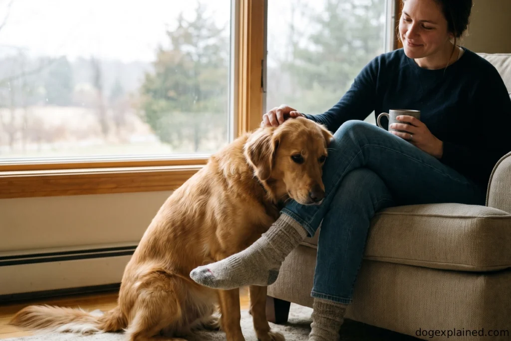 Dog staying close to its owner's feet during a mildly stressful moment