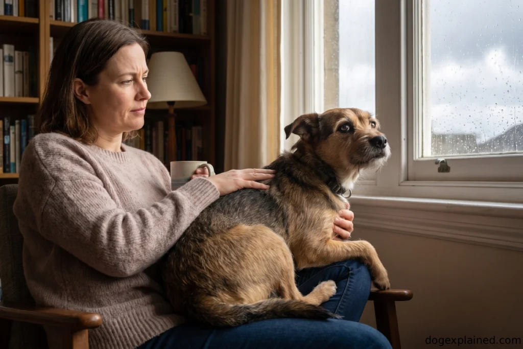 Dog sitting close on its owner during a stressful situation