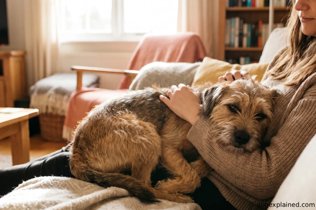 Dog sitting calmly on its owner's lap for close contact