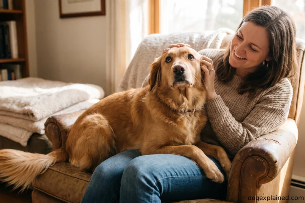 Dog sitting on its owner and looking up for attention