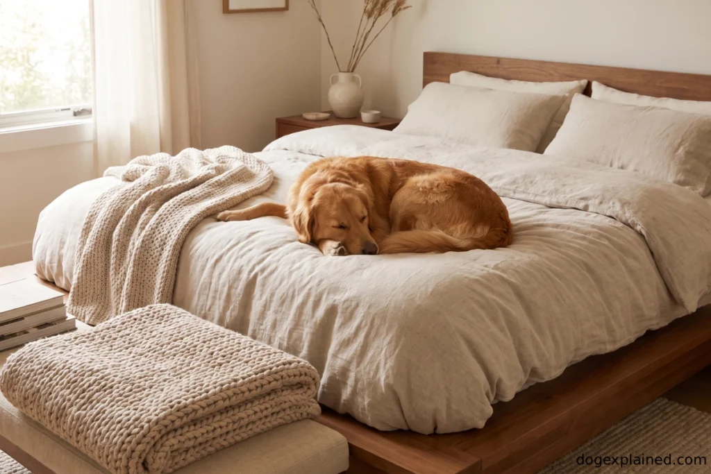 Dog sleeping comfortably at the foot of a bed
