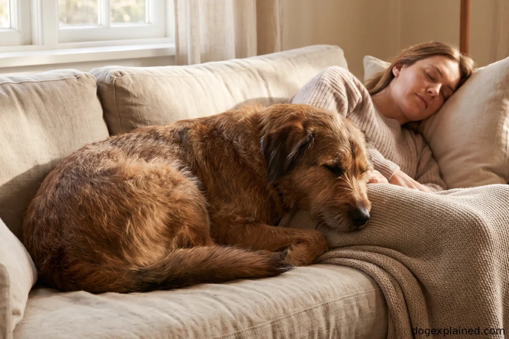 Dog sleeping close to its owner while facing away