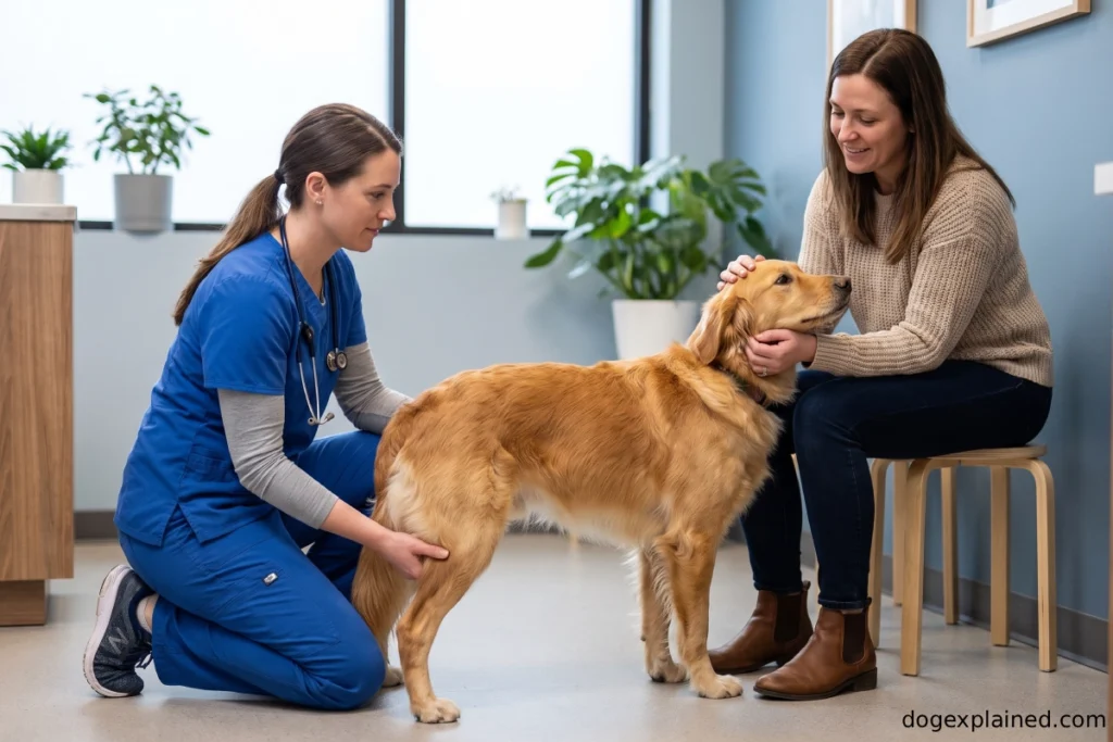 Veterinarian examining a dog after a change in sleeping habits