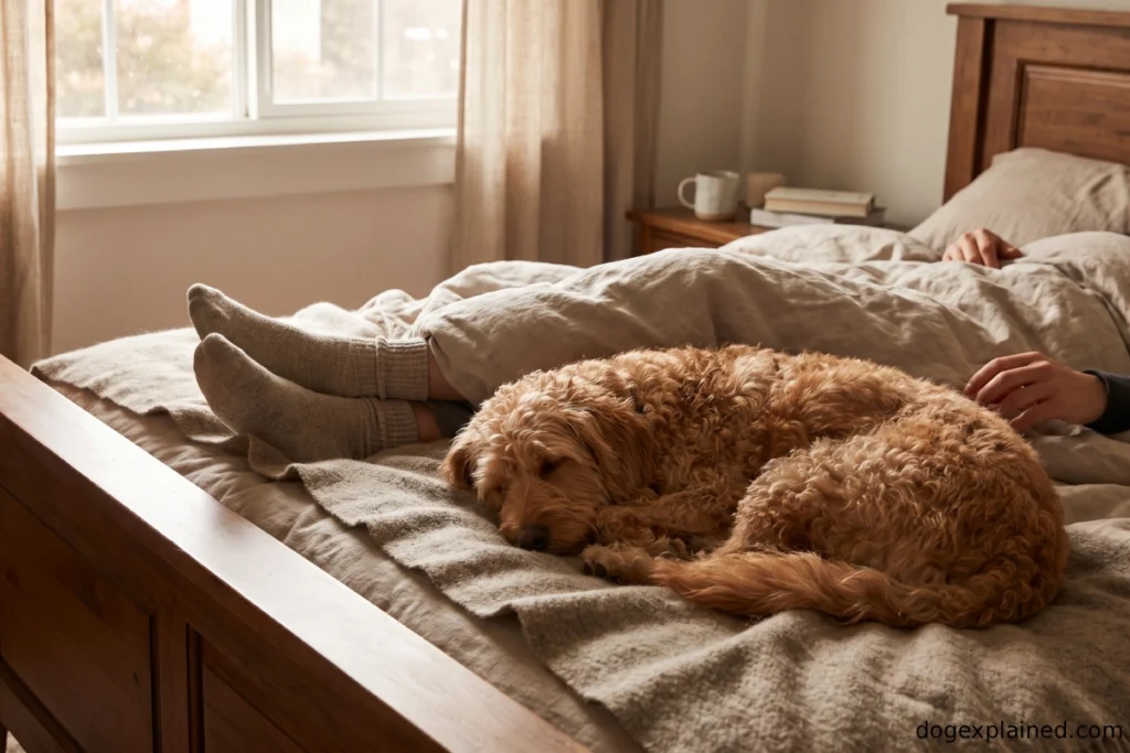 Dog sleeping near its owner's feet while keeping some space