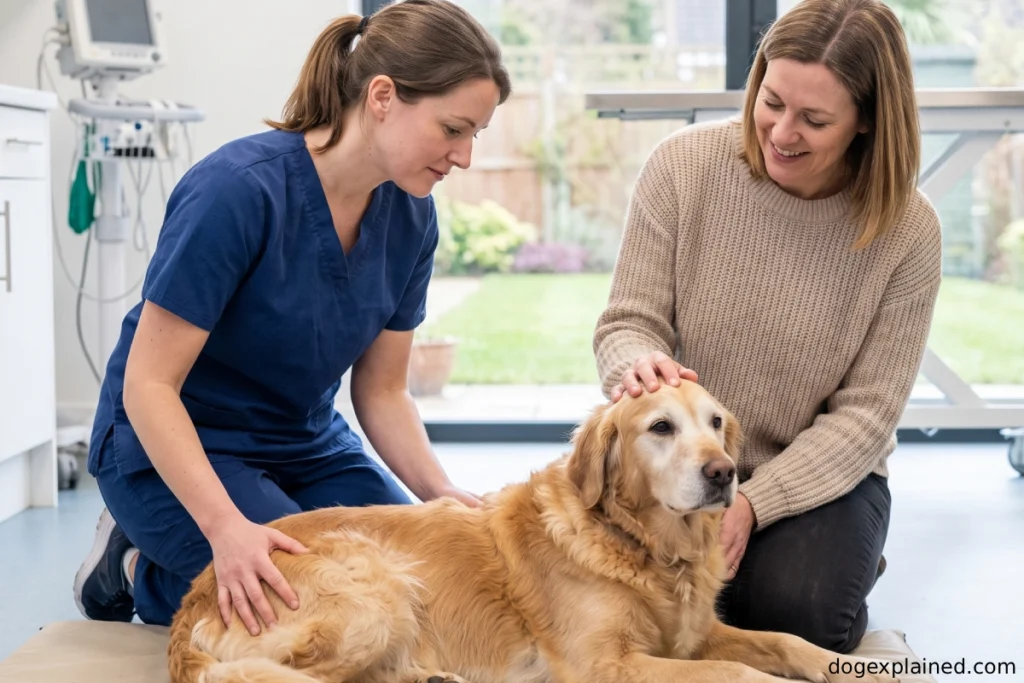 Veterinarian examining a dog after changes in sleeping behavior