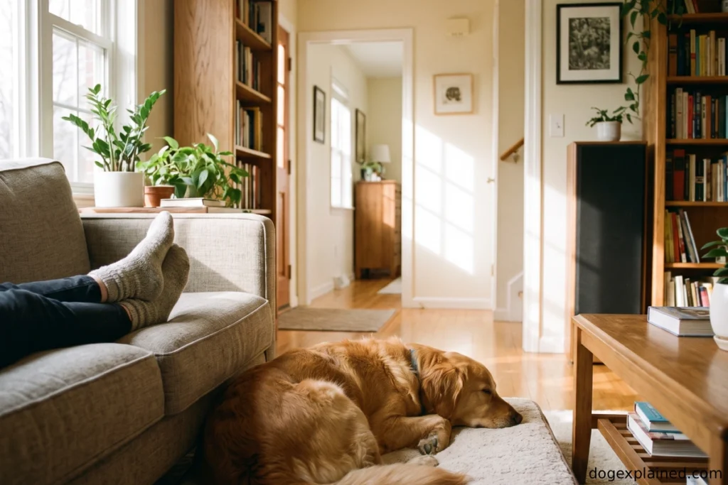Dog sleeping on a bed with its head facing the room