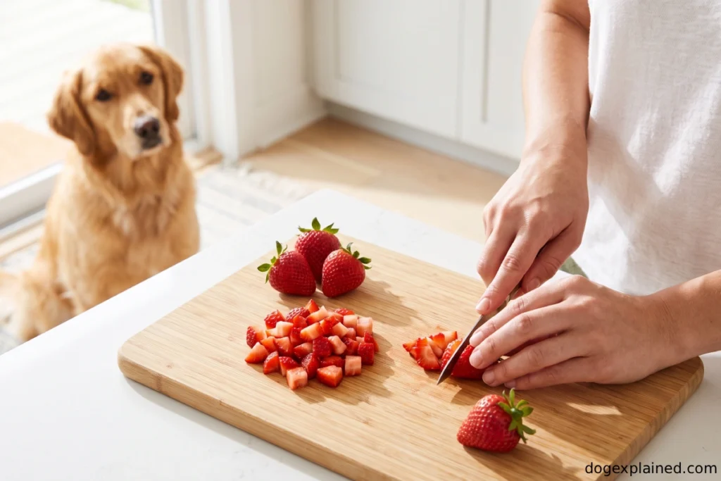 Strawberries washed and cut into small pieces for a dog