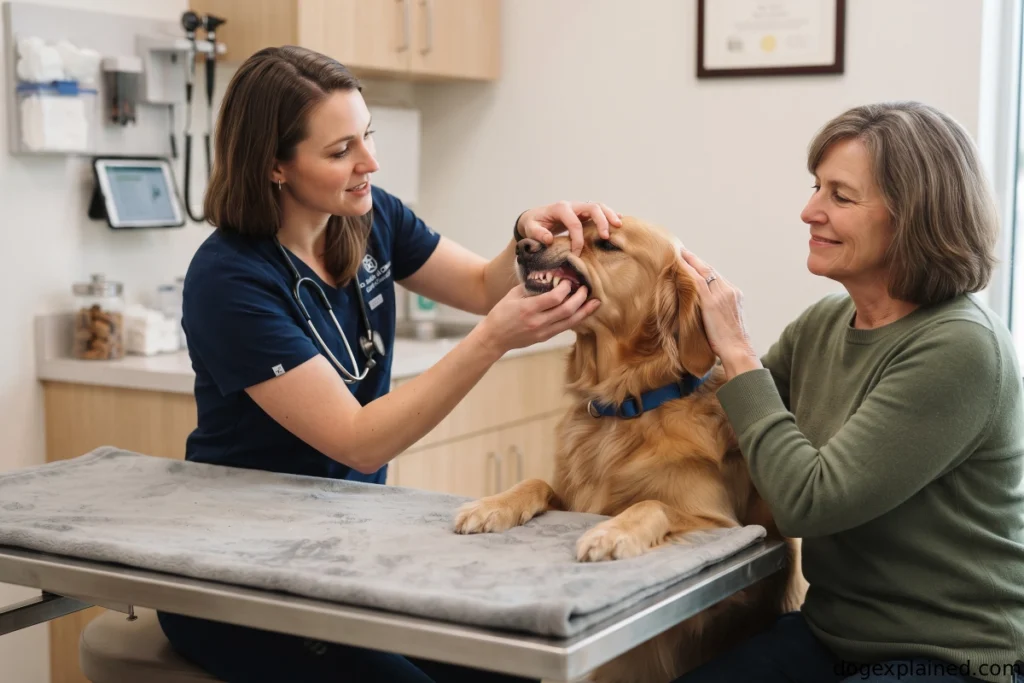 Veterinarian examining a dog after a change in licking behavior