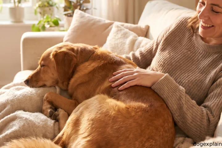 Dog sleeping beside its owner with its back facing them