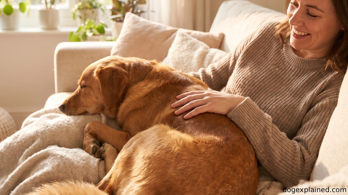 Dog sleeping beside its owner with its back facing them