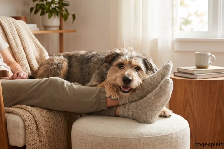 Dog lying across its owner's feet at home