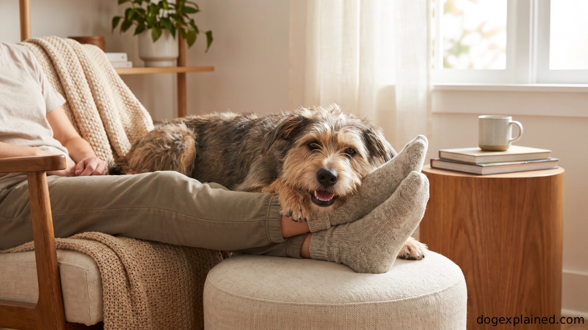 Dog lying across its owner's feet at home
