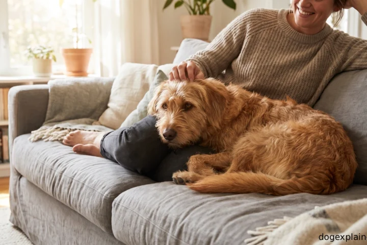 Dog sitting on its owner's lap on a couch