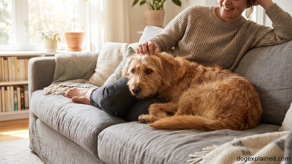 Dog sitting on its owner's lap on a couch