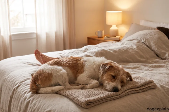 Dog sleeping at the foot of its owner's bed