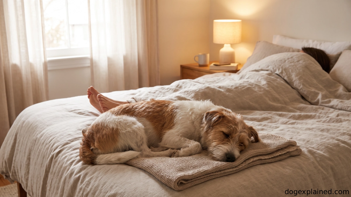 Dog sleeping at the foot of its owner's bed