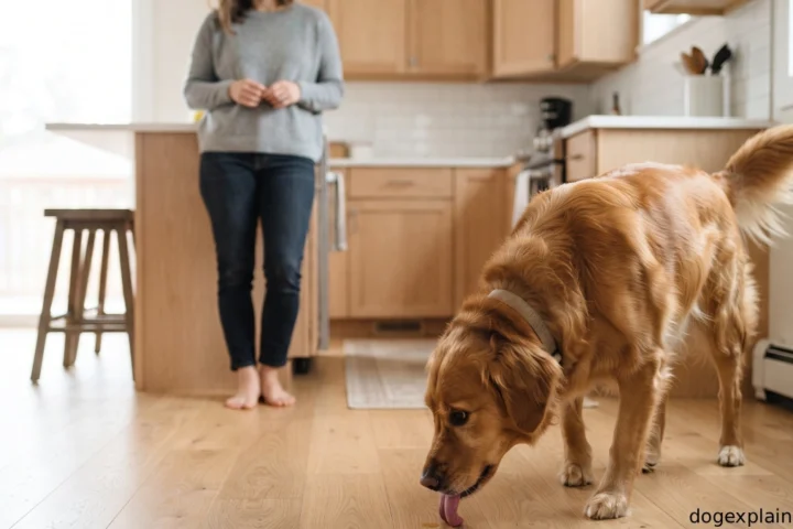 Dog licking the kitchen floor while its owner watches
