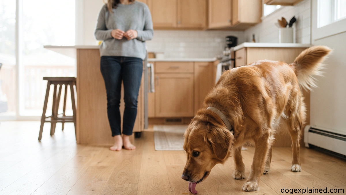 Dog licking the kitchen floor while its owner watches